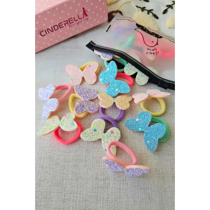 10lu Çantalı Yumuşak Acıtmaz Havlu Lastikli Simli Kelebekli Kız Çocuk Bebek Lastik Saç Toka Seti