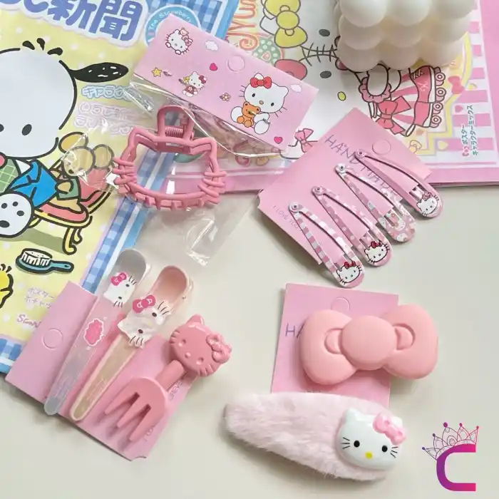10lu Hello Kitty Kız Çocuk Toka Seti - Hediyelik Yılbaşı Doğum Günü Peluş Çıtçıt Pens Saç Tokası