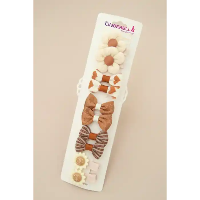 10lu Kahve Krem Tonlu Çiçekli Fiyonk Kız Çocuk Yumuşak Pens Klips Toka Seti - Bebek Saç Tokaları