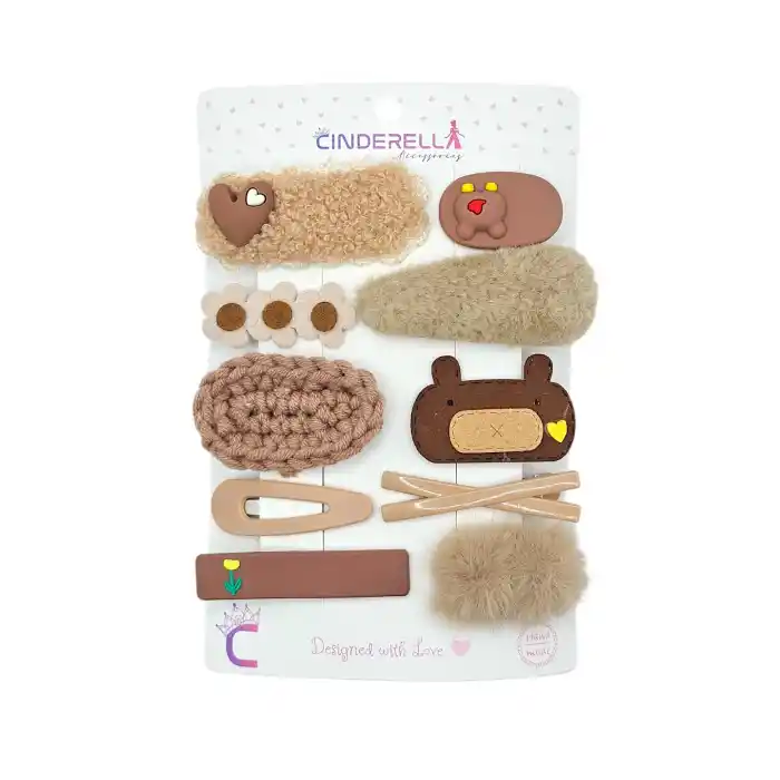 10lu Kalpli Ayıcıklı Çiçekli Kız Çocuk Pens Toka Seti Kahve Tonlu - Örgü Çıtçıtlı Klips Saç Tokası