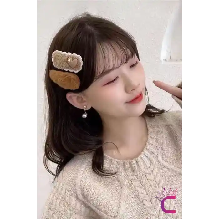 10lu Kalpli Ayıcıklı Çiçekli Kız Çocuk Pens Toka Seti Kahve Tonlu - Örgü Çıtçıtlı Klips Saç Tokası