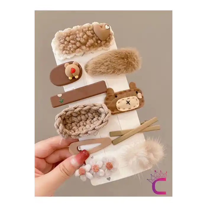 10lu Kalpli Ayıcıklı Çiçekli Kız Çocuk Pens Toka Seti Kahve Tonlu - Örgü Çıtçıtlı Klips Saç Tokası