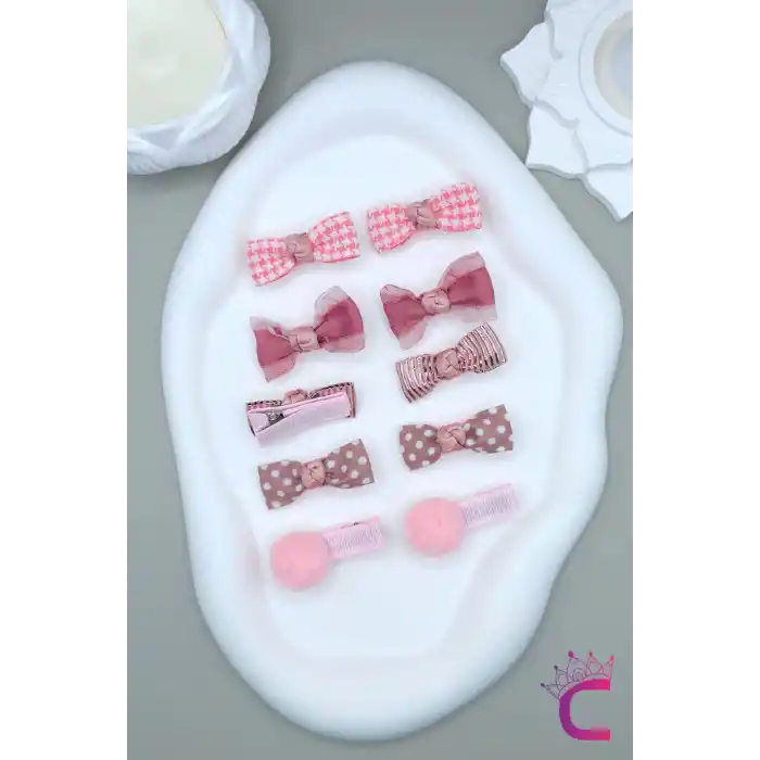 10lu Çanta Kutulu Hediyelik Kız Bebek Kurdele Fiyonk Toka Seti Pembe - Çocuk Astarlı Pens Saç Tokası