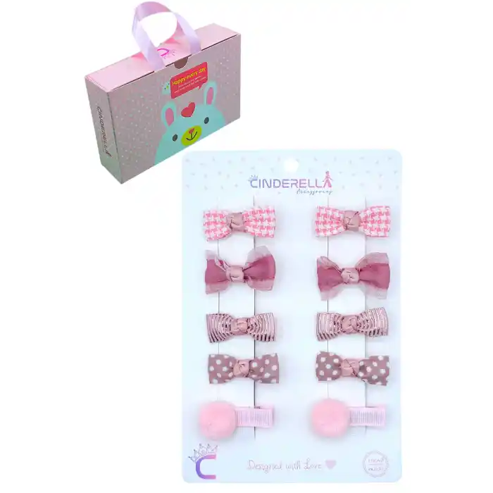 10lu Çanta Kutulu Hediyelik Kız Bebek Kurdele Fiyonk Toka Seti Pembe - Çocuk Astarlı Pens Saç Tokası
