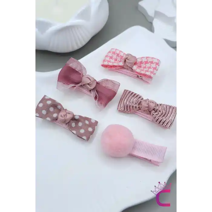 10lu Çanta Kutulu Hediyelik Kız Bebek Kurdele Fiyonk Toka Seti Pembe - Çocuk Astarlı Pens Saç Tokası