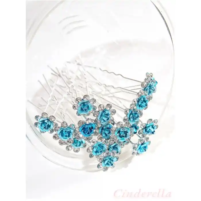 10lu Mini Kristal Taşlı Çiçek Tasarım Firkete Toka Açık Mavi - Doğum Günü Parti Saç Aksesuarı