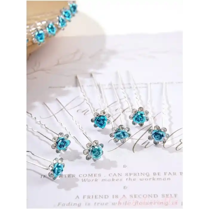 10lu Mini Kristal Taşlı Çiçek Tasarım Firkete Toka Açık Mavi - Doğum Günü Parti Saç Aksesuarı