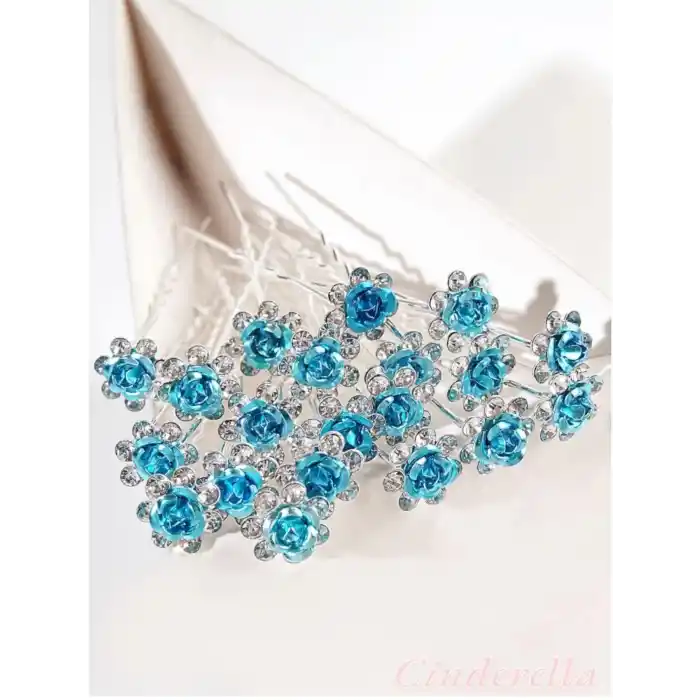 10lu Mini Kristal Taşlı Çiçek Tasarım Firkete Toka Açık Mavi - Doğum Günü Parti Saç Aksesuarı