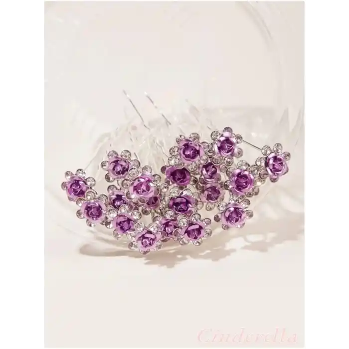 10lu Mini Kristal Taşlı Çiçek Tasarım Firkete Toka Açık Mor - Düğün Kına Saç Aksesuarı Topuz Tokası