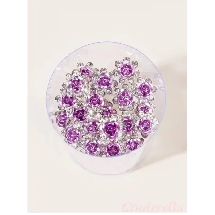 10lu Mini Kristal Taşlı Çiçek Tasarım Firkete Toka Açık Mor - Düğün Kına Saç Aksesuarı Topuz Tokası