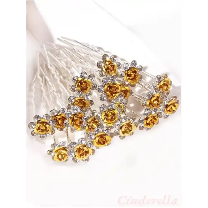 10lu Mini Kristal Taşlı Çiçek Tasarım Firkete Toka Gold - Düğün Gelin Saç Aksesuarı Topuz Tokası