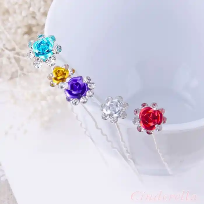 10lu Mini Kristal Taşlı Çiçek Tasarım Firkete Toka Mor - Düğün Nikah Söz Saç Aksesuarı Topuz Tokası