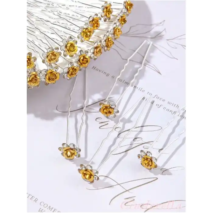 10lu Mini Kristal Taşlı Çiçek Tasarım Firkete Toka Gold - Düğün Gelin Saç Aksesuarı Topuz Tokası