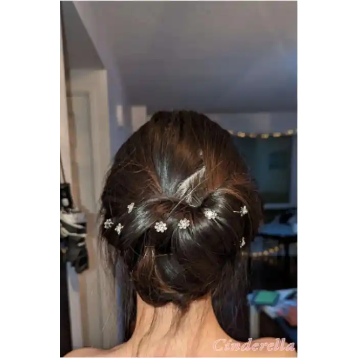 10lu Mini Kristal Taşlı Çiçek Tasarım Firkete Toka Gümüş - Düğün Nikah Saç Aksesuarı Topuz Tokası