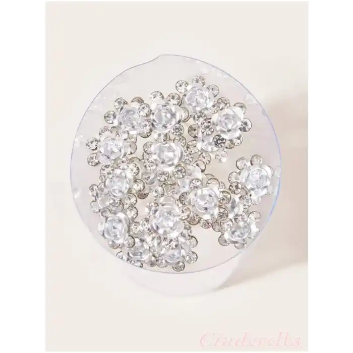 10lu Mini Kristal Taşlı Çiçek Tasarım Firkete Toka Gümüş - Düğün Nikah Saç Aksesuarı Topuz Tokası