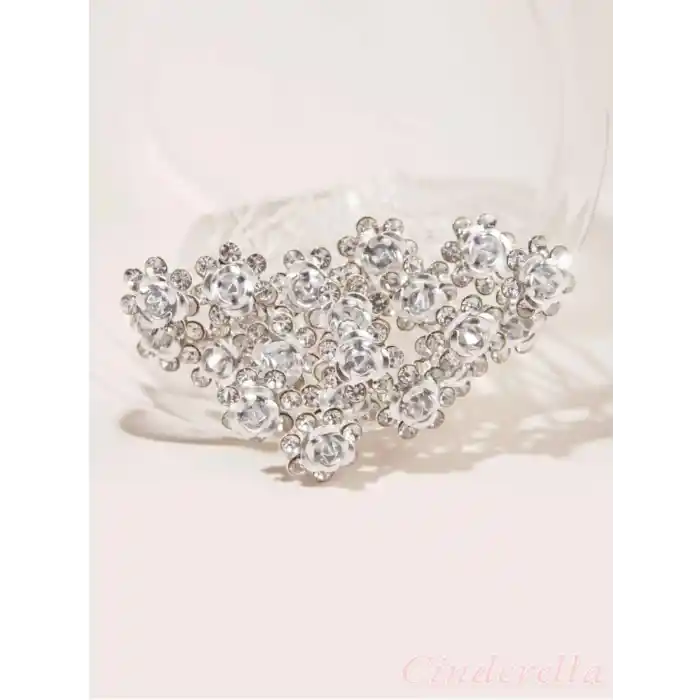 10lu Mini Kristal Taşlı Çiçek Tasarım Firkete Toka Gümüş - Düğün Nikah Saç Aksesuarı Topuz Tokası