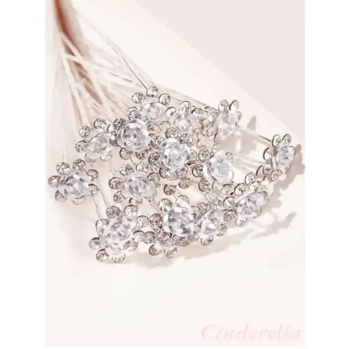 10lu Mini Kristal Taşlı Çiçek Tasarım Firkete Toka Gümüş - Düğün Nikah Saç Aksesuarı Topuz Tokası