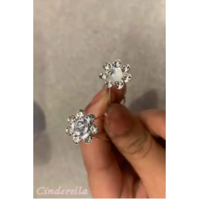 10lu Mini Kristal Taşlı Çiçek Tasarım Firkete Toka Gümüş - Düğün Nikah Saç Aksesuarı Topuz Tokası