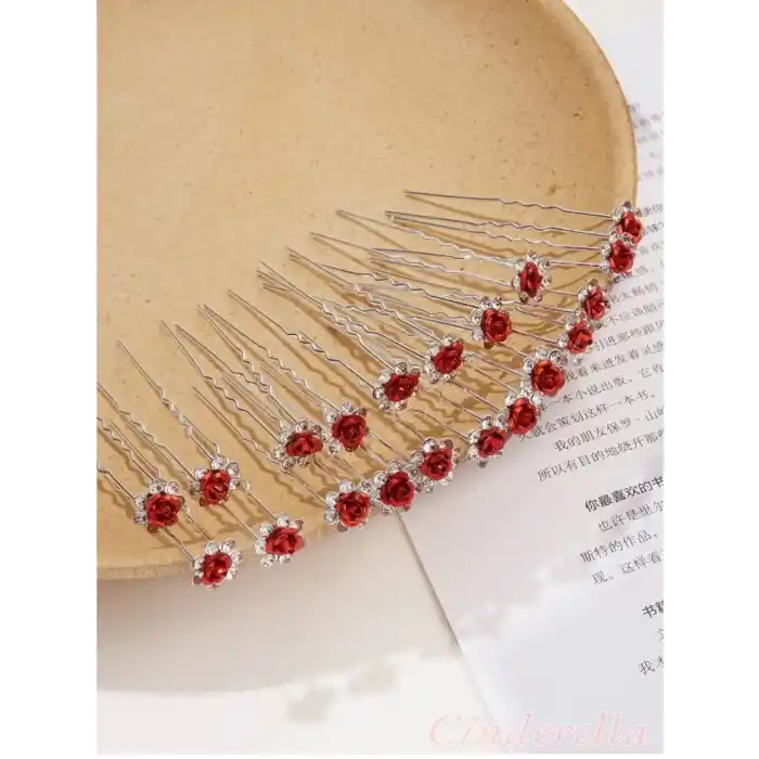 10lu Mini Kristal Taşlı Çiçek Tasarım Firkete Toka Kırmızı - Evlilik Yıl Dönümü Saç Topuz Tokası