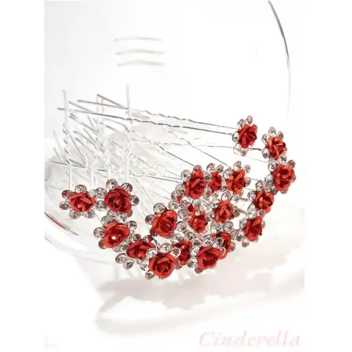 10lu Mini Kristal Taşlı Çiçek Tasarım Firkete Toka Kırmızı - Evlilik Yıl Dönümü Saç Topuz Tokası
