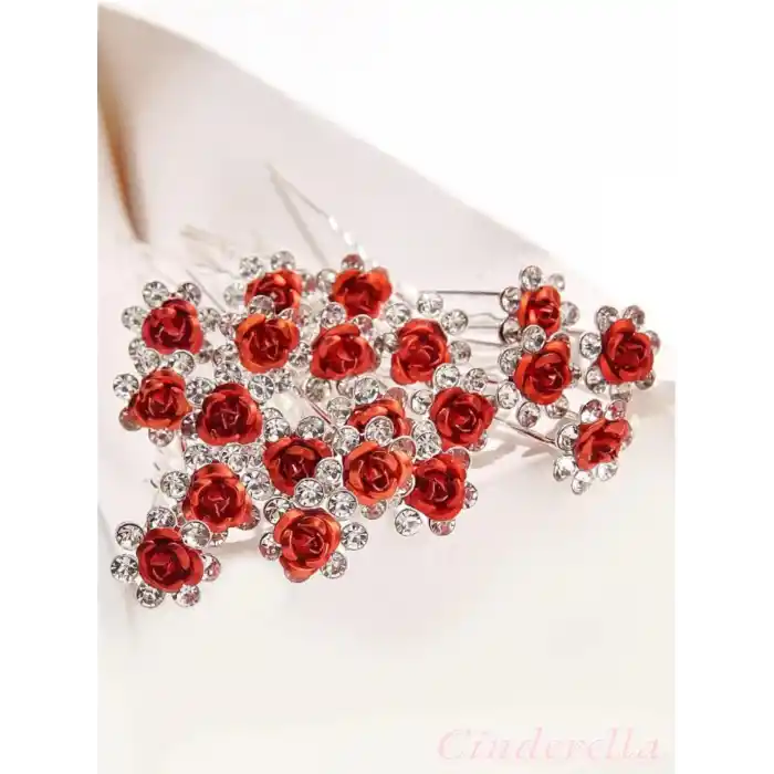 10lu Mini Kristal Taşlı Çiçek Tasarım Firkete Toka Kırmızı - Evlilik Yıl Dönümü Saç Topuz Tokası