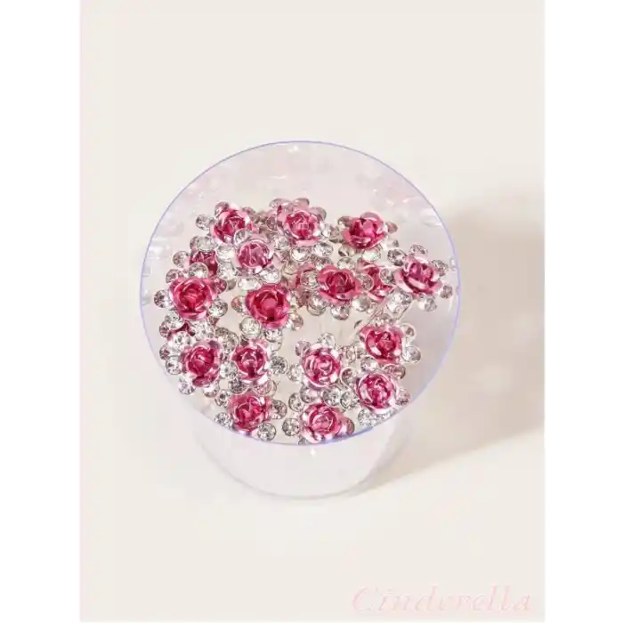 10lu Mini Kristal Taşlı Çiçek Tasarım Firkete Toka Pembe - Gelin Tacı Süsleme Topuz Saç Aksesuarı