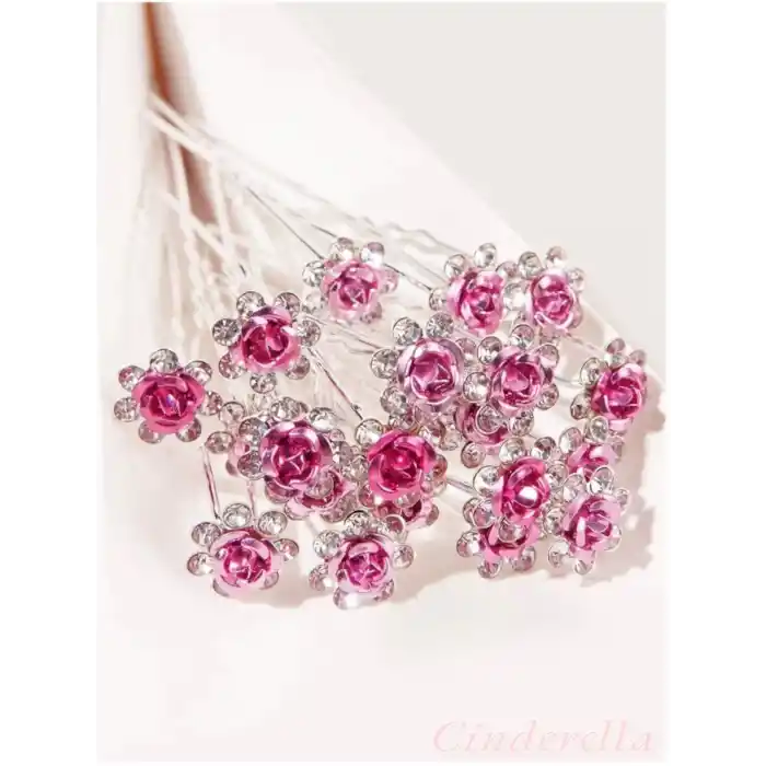 10lu Mini Kristal Taşlı Çiçek Tasarım Firkete Toka Pembe - Gelin Tacı Süsleme Topuz Saç Aksesuarı