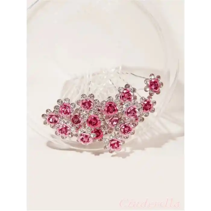 10lu Mini Kristal Taşlı Çiçek Tasarım Firkete Toka Pembe - Gelin Tacı Süsleme Topuz Saç Aksesuarı