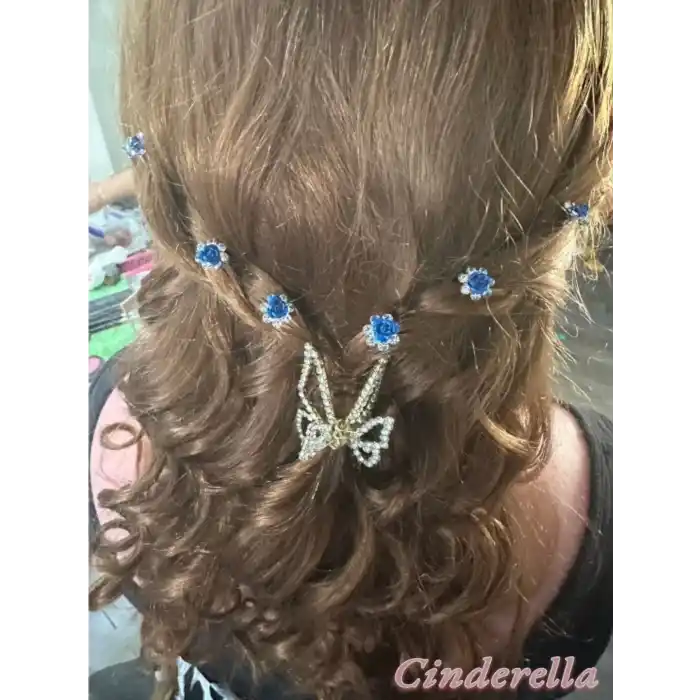 10lu Mini Kristal Taşlı Çiçek Tasarım Firkete Toka Royal Mavi - Nikah Saç Aksesuarı Topuz Tokası