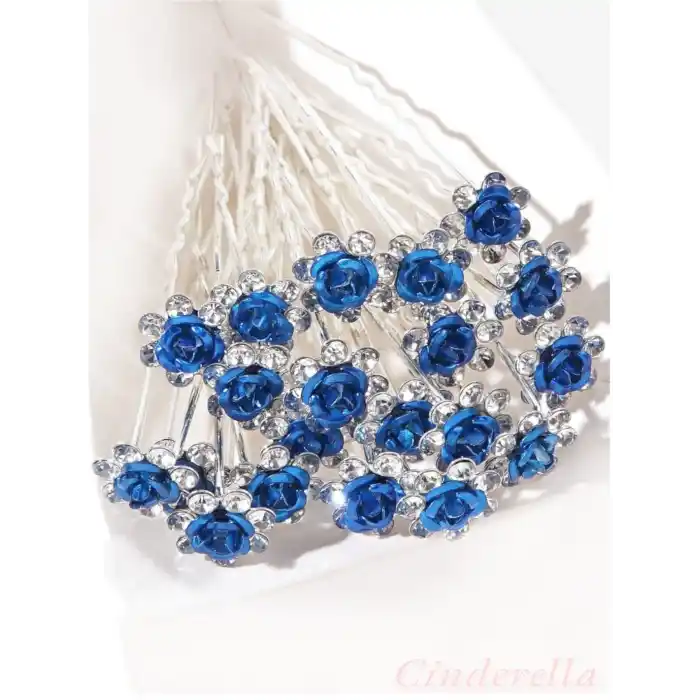 10lu Mini Kristal Taşlı Çiçek Tasarım Firkete Toka Royal Mavi - Nikah Saç Aksesuarı Topuz Tokası