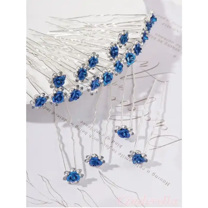 10lu Mini Kristal Taşlı Çiçek Tasarım Firkete Toka Royal Mavi - Nikah Saç Aksesuarı Topuz Tokası