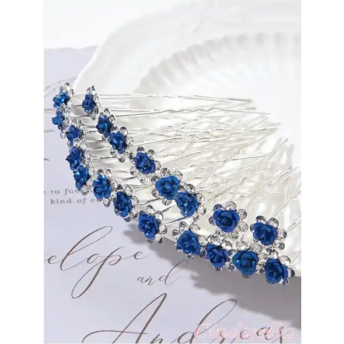 10lu Mini Kristal Taşlı Çiçek Tasarım Firkete Toka Royal Mavi - Nikah Saç Aksesuarı Topuz Tokası