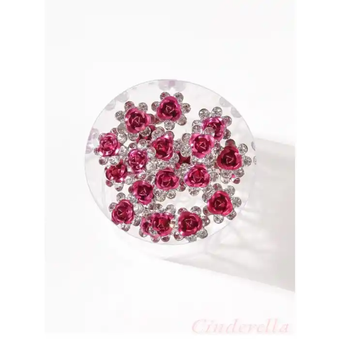 10lu Mini Kristal Taşlı Çiçek Tasarım Firkete Toka Sıcak Pembe - Nikah Kına Söz Topuz Saç Tokası