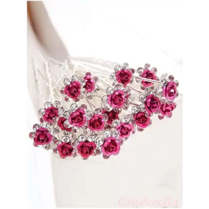 10lu Mini Kristal Taşlı Çiçek Tasarım Firkete Toka Sıcak Pembe - Nikah Kına Söz Topuz Saç Tokası