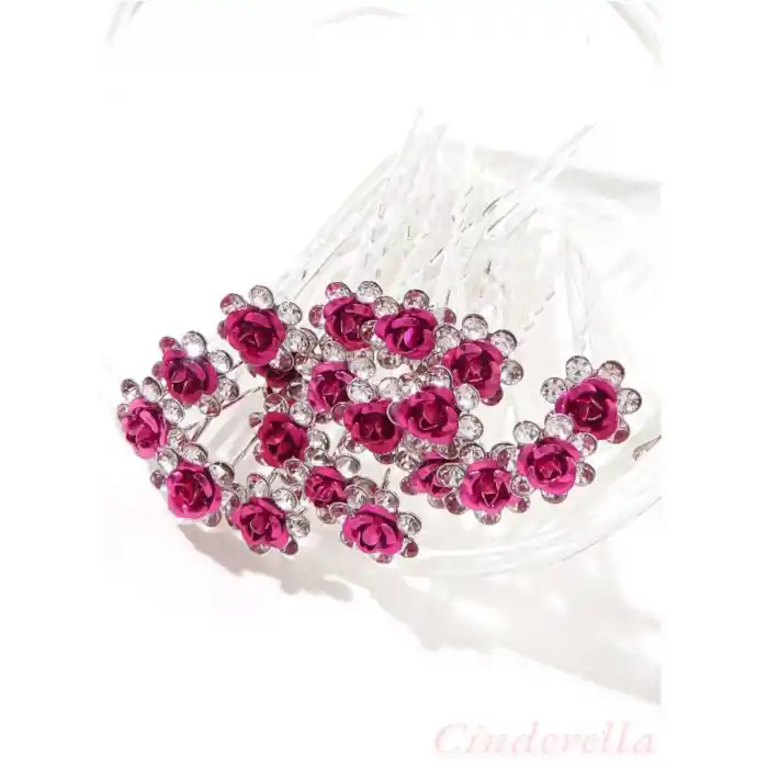 10lu Mini Kristal Taşlı Çiçek Tasarım Firkete Toka Sıcak Pembe - Nikah Kına Söz Topuz Saç Tokası