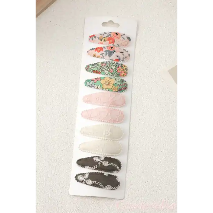 10lu Özel Seri Nakışlı Çiçekli Model Çocuk Çıt Çıt Toka Seti - Kız Bebek Çıtçıt Saç Toka Model-3