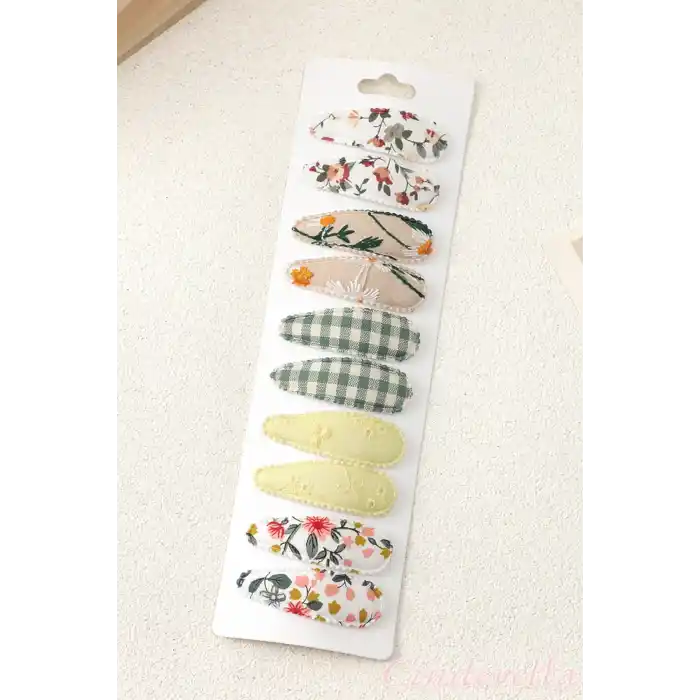 10lu Özel Seri Nakışlı Çiçekli Model Çocuk Çıt Çıt Toka Seti - Kız Bebek Çıtçıt Saç Toka Model-4