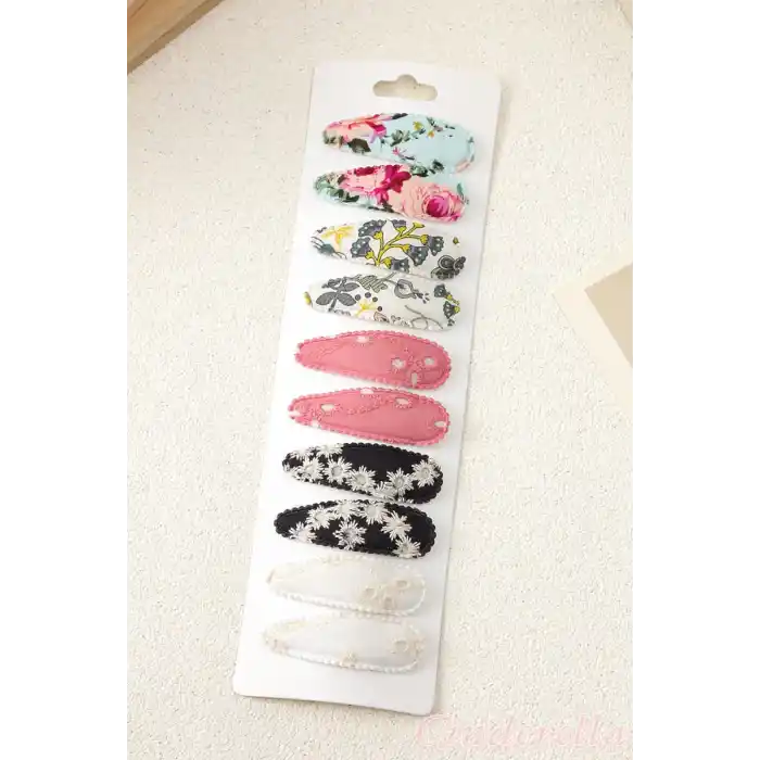 10lu Özel Seri Nakışlı Çiçekli Model Çocuk Çıt Çıt Toka Seti - Kız Bebek Çıtçıt Saç Toka Model-5