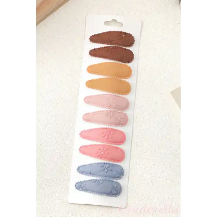 10lu Özel Seri Nakışlı Çiçekli Çocuk Yumuşak Çıtçıtlı Toka Seti - Kız Bebek Çıt Çıt Saç Tokası