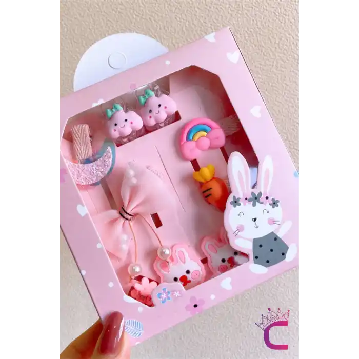 10lu Özel Tasarım Hediyelik Kutulu Kız Bebek Toka Seti - Gökkuşağı Tavşan Kurdele Fiyonk Saç Tokası