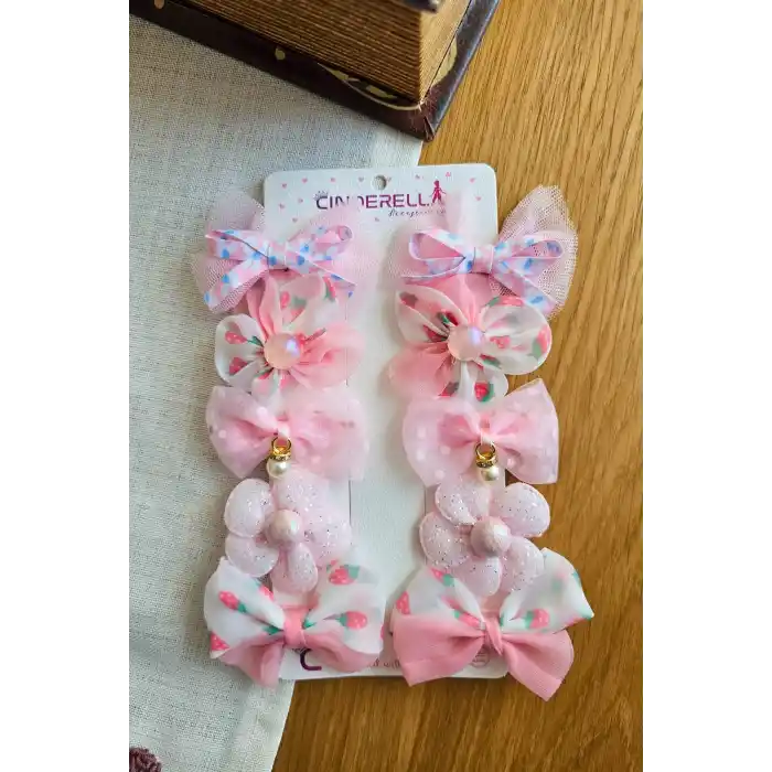 10lu Pembe Kız Bebek Astarlı Pens Toka Seti - İncili Fiyonk Kurdeleli Tüllü Çiçekli Saç Tokası