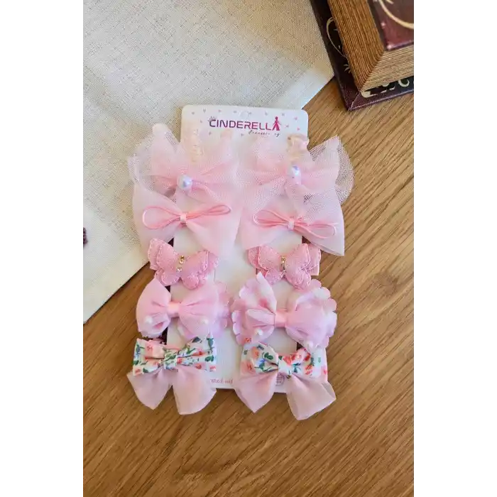 10lu Pembe Kız Bebek Pens Toka Seti Kelebekli Fiyonk Kurdele İnci Tüllü Klips Çocuk Saç Tokası