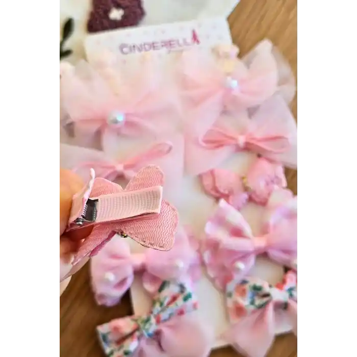 10lu Pembe Kız Bebek Pens Toka Seti Kelebekli Fiyonk Kurdele İnci Tüllü Klips Çocuk Saç Tokası