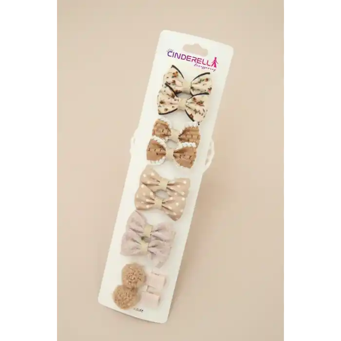 10lu Şık Bej Tonlu Fiyonklu Kurdeleli Kız Bebek Yumuşak Pens Toka Seti - Çocuk Klipsli Saç Tokası