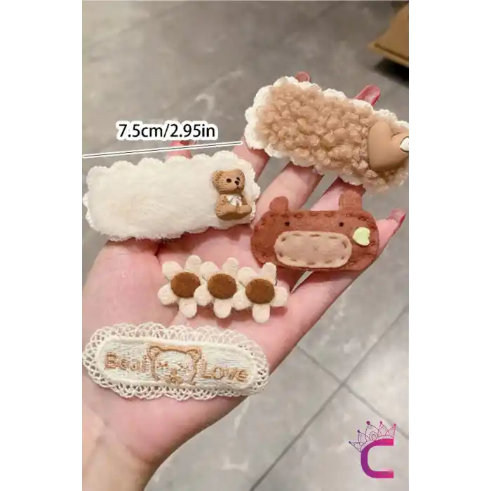 10lu Kalpli Ayıcıklı Çiçekli Kız Çocuk Pens Toka Seti Kahve Tonlu - Örgü Çıtçıtlı Klips Saç Tokası
