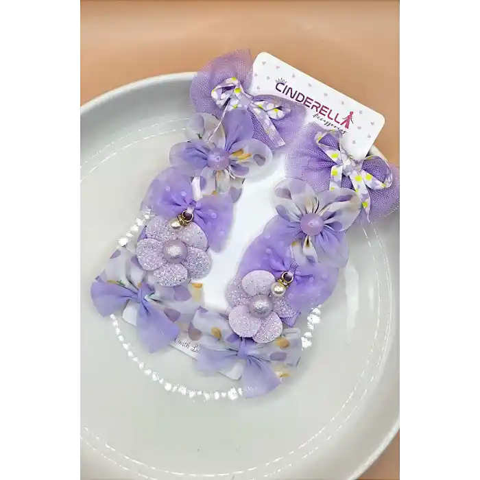 10lu Yumuşak Astarlı Kız Bebek Toka Seti Lila - İnci Taşlı Kelebekli Tül Fiyonk Pens Saç Tokası