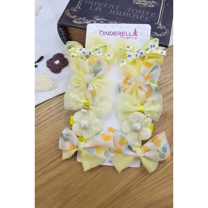 10lu Yumuşak Astarlı Kız Bebek Toka Seti Sarı - Çocuk İncili Taşlı Kelebek Fiyonklu Pens Saç Tokası