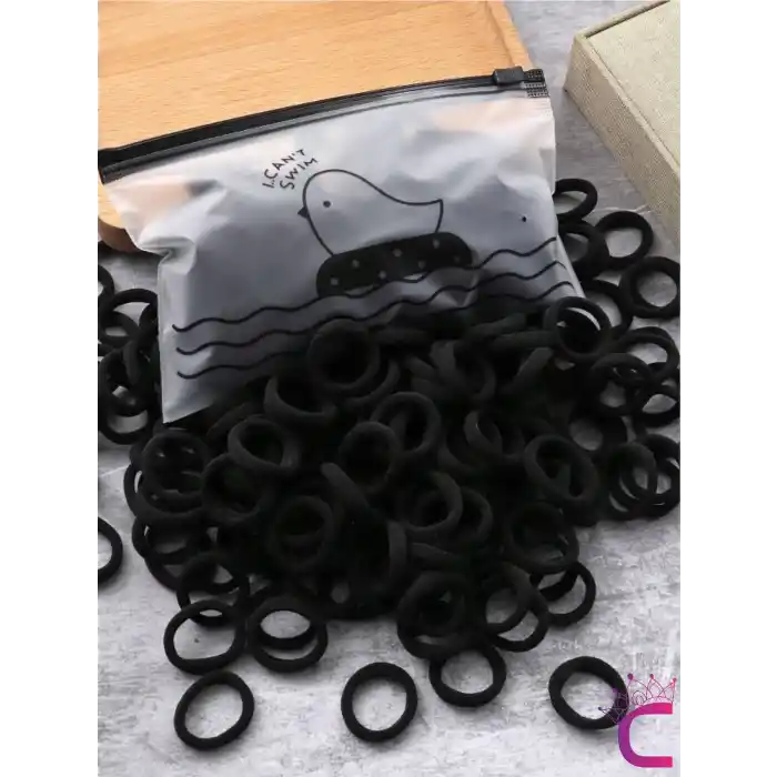 100lü Günlük Çantalı Küçük Siyah Lastik Toka Seti - Kız Çocuk Yumuşak Lastikli Havlu Saç Tokası