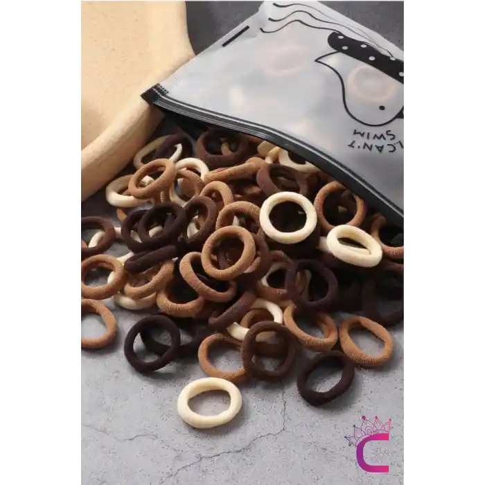 100lü Günlük Kahve Tonlu Çantalı Küçük Lastik Toka Seti - Kız Çocuk Yumuşak Lastikli Saç Tokası