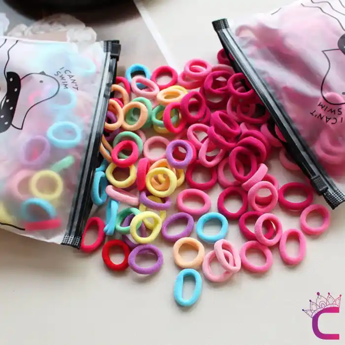 100lü Soft Renkli Çantalı Minik Havlu Lastik Toka Seti - Kadın Çocuk Yumuşak Lastikli Saç Tokası